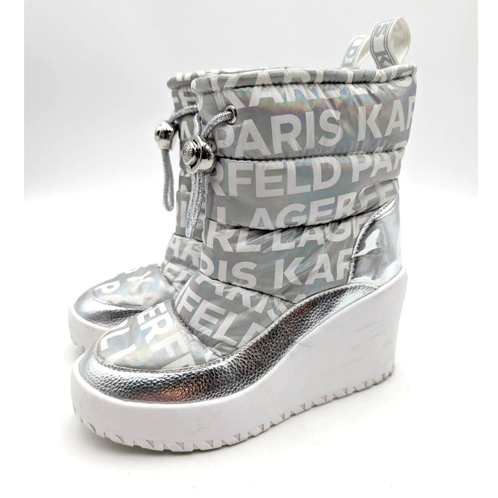 Karl Lagerfeld Paris Bronwyn Wedge Boots Women's Silver Size US5.5M EU35.5